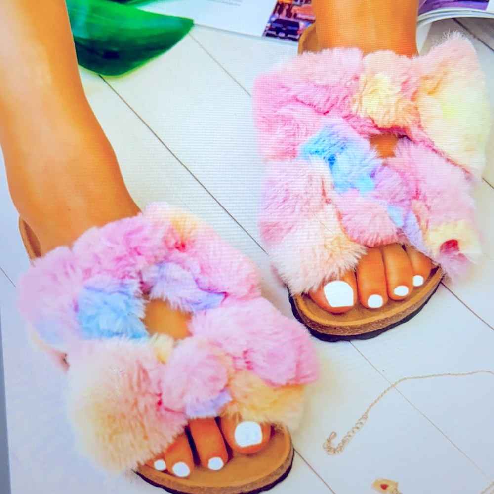 Pastel double bow fuzzy trendsetter slipper in 7.5